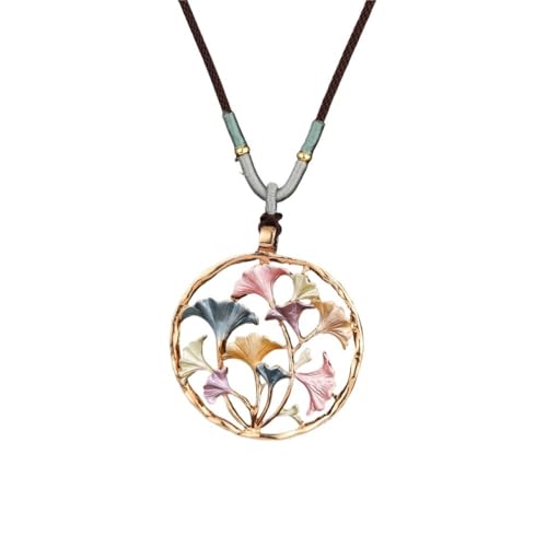 YOPI Stilvolle, runde, Hohle Emaille-Halskette mit langem Ginkgoblatt-Anhänger for Damen – gewebtes Seil-Design von YOPI