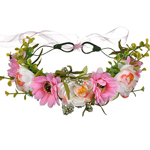 YOPI Stirnband mit Blumenkranz for Brautjungfern, verstellbare Muschel-Kopfbedeckung for Urlaub und besondere Anlässe(pink) von YOPI