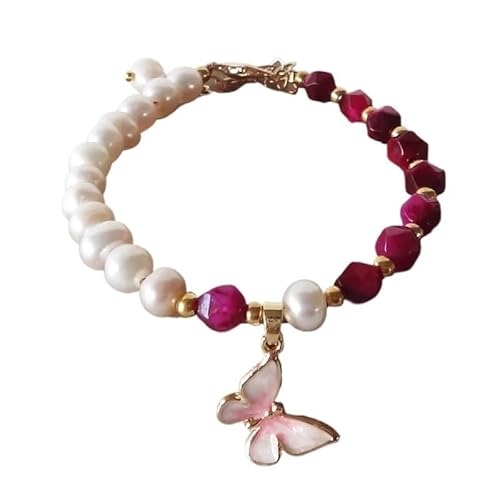 YOPI Süßwasserperlenarmband for Damen mit Schmetterlingsanhänger – Eleganter Stringschmuck(Rot) von YOPI