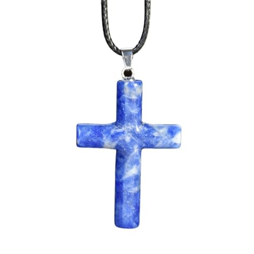 YOPI Vintage-Kreuz-Halskette aus Naturstein for Damen – Anhänger aus blauem Achatstein an Lederseil von YOPI