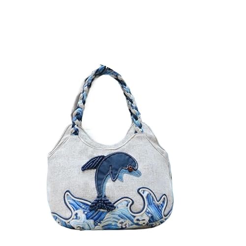 YOPI Vintage-Tragetasche im Ethno-Stil for Frauen mittleren Alters | Literarische Canvas-Handtasche | Stilvolle Muttertasche(Dolphin) von YOPI