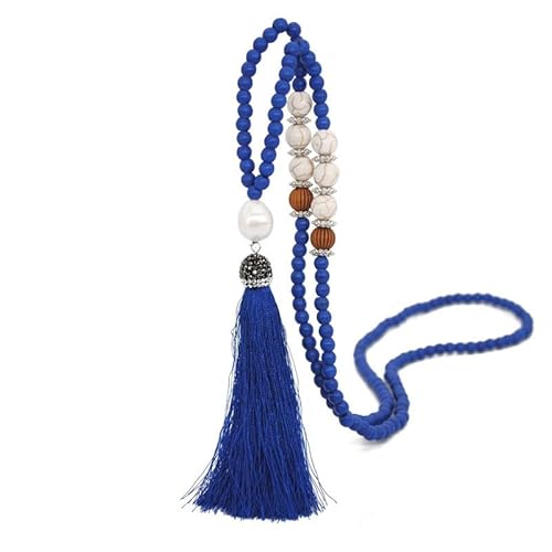 YOPI Vintage Türkis Perlen Lange Halskette for Damen | Ethno-Stil mit bunten Quasten und Wollkette(Royalblue) von YOPI