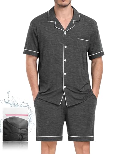 YOPUGEE Herren-Pyjama-Set, kurzärmelig, Nachtwäsche, Knopfleiste, Loungewear-Set, weiches Modal, 2-teiliges Pyjama-Set mit Taschen, S-XXL, grau dunkel, Large von YOPUGEE