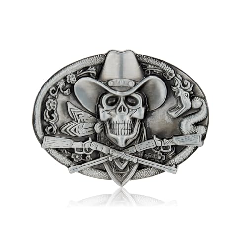 QUKE Western Cowboy Ghost Skeleton Skull with Rifles Guns Belt Buckle Silver Enamel von YOQUCOL