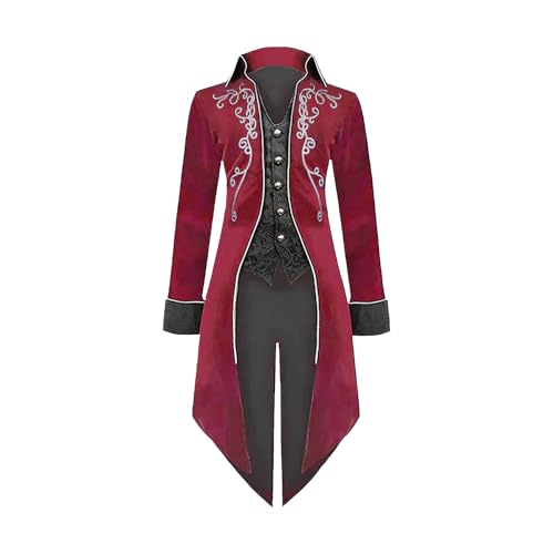 YORDET Herren Mittelalter Steampunk Frack Jacke Gothic Mantel viktorianische Hof Stickerei Mantel Renaissance Retro Party Vampir Cosplay Kostüme für Erwachsene (Rot, XXL) von YORDET