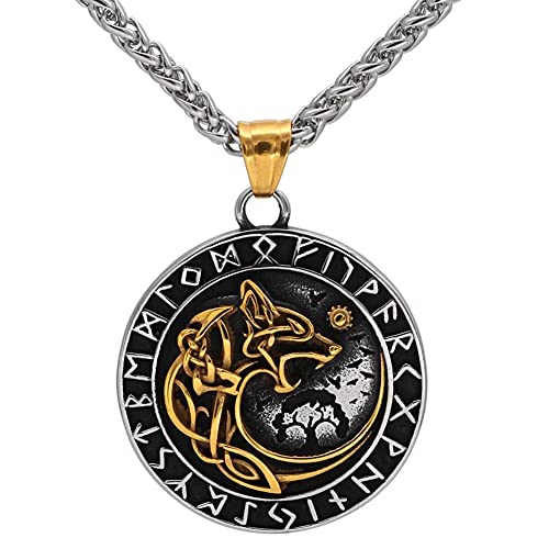 Herren Edelstahl Viking Fenrir Wolf Anhänger Halskette Nordischer Amulett Schmuck,Fenrir yggdrasil rune von YOROOW-OUTDOOR