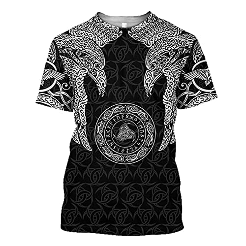 Wikinger Tattoo T-Shirt für Herren, Nordische Mythologie Kurzarm-Sommer Beiläufiges 3D Gedrucktes Cosplay Shirt (US-Größe),Viking Raven,S von YOROOW-OUTDOOR