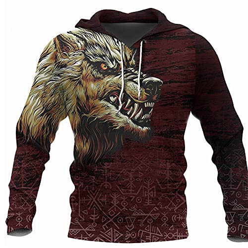 YOROOW-OUTDOOR 3D Odin Wikinger Tattoo Herren Hoodie, Herbst Casual Langarm-Sweatshirt Nordischen Mythologie Pullover Cosplay Jacke,Fenrir Hoodie,3XL von YOROOW-OUTDOOR