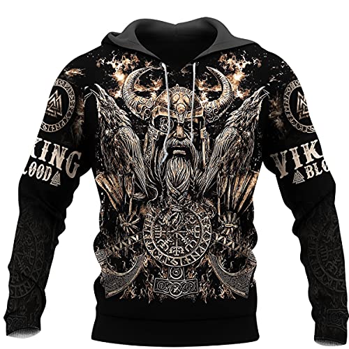 YOROOW-OUTDOOR Männer Odin Wikinger Krieger Bedrucktes Sweatshirt, Nordischer Gott Retro Tattoo Hoodie Unisex Langarmpullover Freizeitjacke,Odin Raven Hoodie,5XL von YOROOW-OUTDOOR