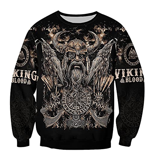 YOROOW-OUTDOOR Männer Odin Wikinger Krieger Bedrucktes Sweatshirt, Nordischer Gott Retro Tattoo Hoodie Unisex Langarmpullover Freizeitjacke,Odin Raven Sweatshirt,5XL von YOROOW-OUTDOOR