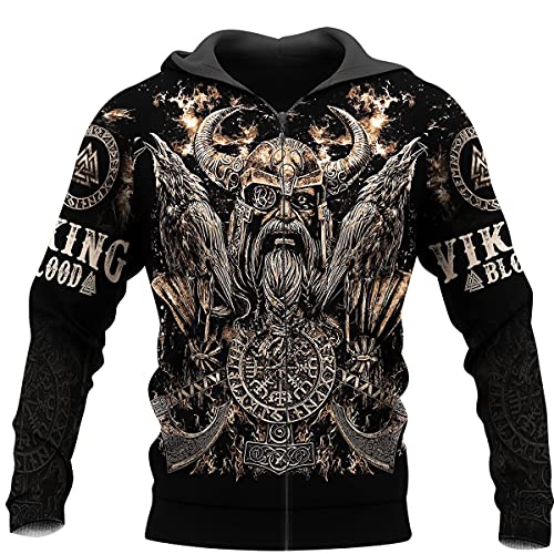 YOROOW-OUTDOOR Männer Odin Wikinger Krieger Bedrucktes Sweatshirt, Nordischer Gott Retro Tattoo Hoodie Unisex Langarmpullover Freizeitjacke,Odin Raven Zip Hoodie,L von YOROOW-OUTDOOR