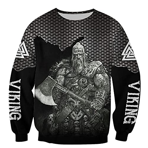 YOROOW-OUTDOOR Männer Odin Wikinger Krieger Bedrucktes Sweatshirt, Nordischer Gott Retro Tattoo Hoodie Unisex Langarmpullover Freizeitjacke,Warrior Sweatshirt,5XL von YOROOW-OUTDOOR