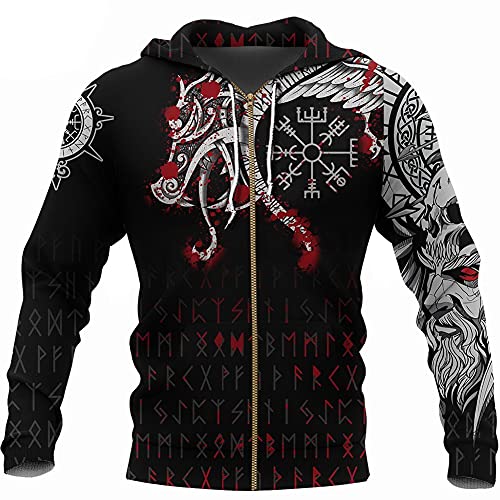 YOROOW-OUTDOOR Männer Wikinger Tattoo Beschichtung Pullover Nordeuropäische Zeichnung Lange Semato Pullover Herbst Freizeit Opera Rolle Spieljacke,Dragon Zip Hoodie,XL von YOROOW-OUTDOOR