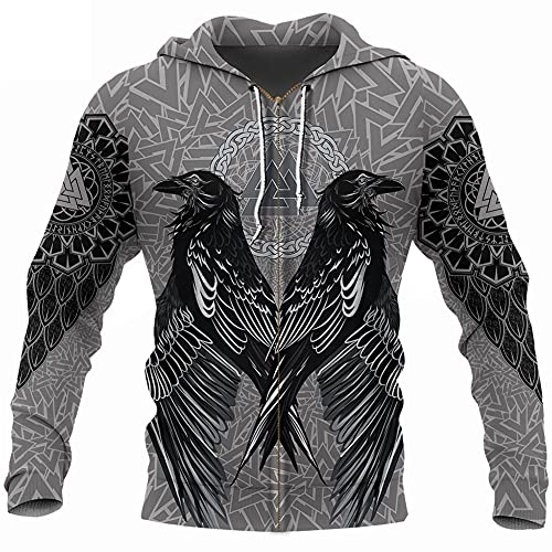 YOROOW-OUTDOOR Männer Wikinger Tattoo Beschichtung Pullover Nordeuropäische Zeichnung Lange Semato Pullover Herbst Freizeit Opera Rolle Spieljacke,Raven Zip Hoodie,L von YOROOW-OUTDOOR