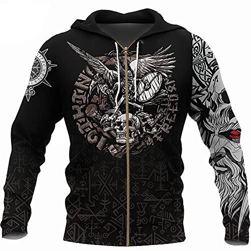 YOROOW-OUTDOOR Männer Wikinger Tattoo Beschichtung Pullover Nordeuropäische Zeichnung Lange Semato Pullover Herbst Freizeit Opera Rolle Spieljacke,Skull Zip Hoodie,XXL von YOROOW-OUTDOOR