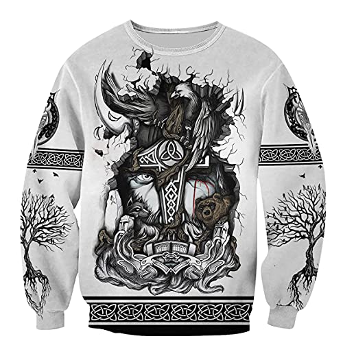 YOROOW-OUTDOOR Odin Raven Langarm Sweatshirt 3D Druck Herren Wikinger Tattoo Hoodie Oversized Pullover Retro Nordic Jacke,Mjolnir Sweatshirt,5XL von YOROOW-OUTDOOR
