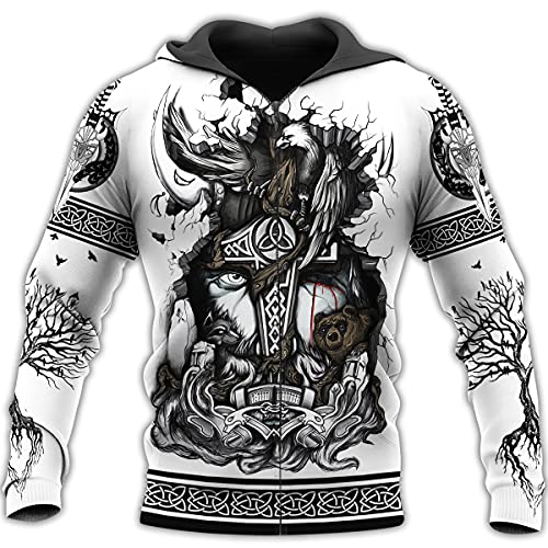 YOROOW-OUTDOOR Odin Raven Langarm Sweatshirt 3D Druck Herren Wikinger Tattoo Hoodie Oversized Pullover Retro Nordic Jacke,Mjolnir Zip Hoodie,L von YOROOW-OUTDOOR