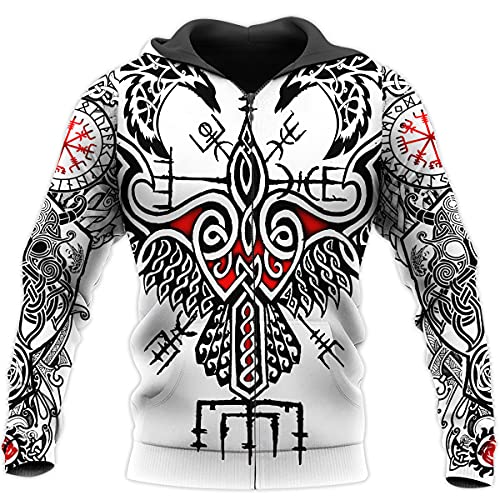 YOROOW-OUTDOOR Odin Raven Langarm Sweatshirt 3D Druck Herren Wikinger Tattoo Hoodie Oversized Pullover Retro Nordic Jacke,Raven Zip Hoodie,XL von YOROOW-OUTDOOR