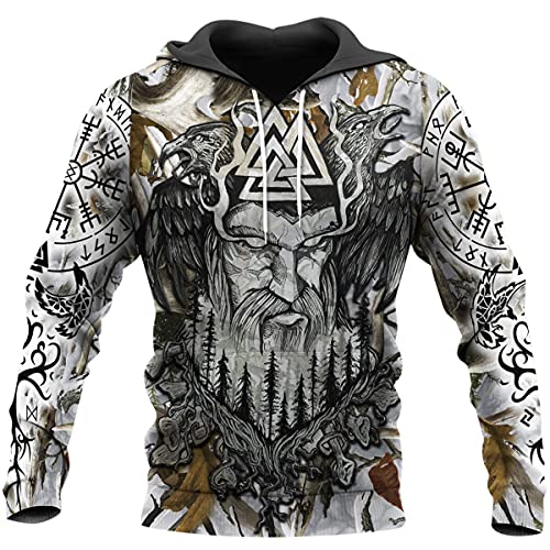 YOROOW-OUTDOOR Odin Raven Langarm Sweatshirt 3D Druck Herren Wikinger Tattoo Hoodie Oversized Pullover Retro Nordic Jacke,Valknut Hoodie,XL von YOROOW-OUTDOOR