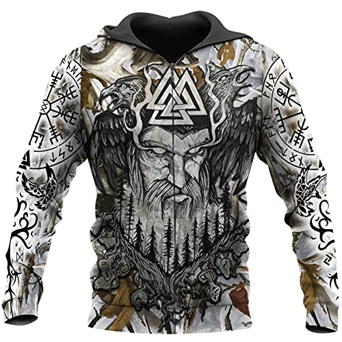 YOROOW-OUTDOOR Odin Raven Langarm Sweatshirt 3D Druck Herren Wikinger Tattoo Hoodie Oversized Pullover Retro Nordic Jacke,Valknut Zip Hoodie,3XL von YOROOW-OUTDOOR