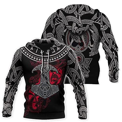 YOROOW-OUTDOOR Odin Thor Hammer Tattoo Hoodie für Männer, 3D Gedruckter Wikinger Langarm Hoodie Lässige Pullover Street Jacke,Hoodie,4XL von YOROOW-OUTDOOR