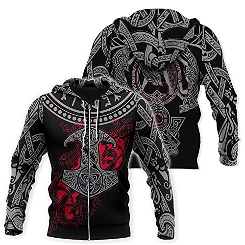 YOROOW-OUTDOOR Odin Thor Hammer Tattoo Hoodie für Männer, 3D Gedruckter Wikinger Langarm Hoodie Lässige Pullover Street Jacke,Zip Hoodie,3XL von YOROOW-OUTDOOR