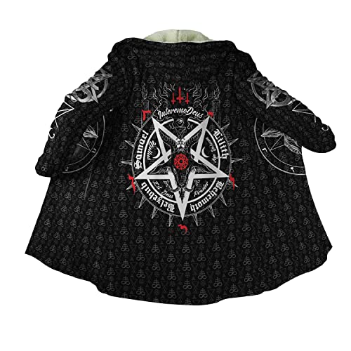YOROOW-OUTDOOR Satan Ziege Tattoo Kapuzenmantel für Herren, 3D-Druck Invertierter Fünfzackiger Stern Wintermantel Aus Lammwollimitat Heidnische Kleidung Mittellange Jacke,Five Pointed Star,M von YOROOW-OUTDOOR