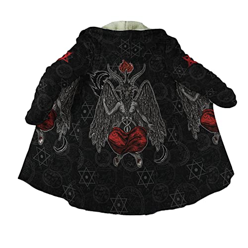 YOROOW-OUTDOOR Satan Ziege Tattoo Kapuzenmantel für Herren, 3D-Druck Invertierter Fünfzackiger Stern Wintermantel Aus Lammwollimitat Heidnische Kleidung Mittellange Jacke,Goat Satan,L von YOROOW-OUTDOOR