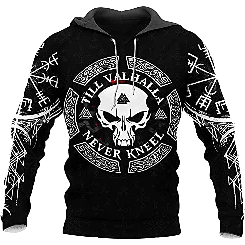 YOROOW-OUTDOOR Till Valhalla Hoodie für Herren, Nordischer Wikinger Schädel Langarm Sweatshirt Herbst Casual Pullover Cosplay Jacke,Hoodie,XXL von YOROOW-OUTDOOR