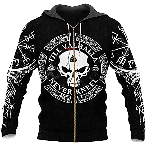 YOROOW-OUTDOOR Till Valhalla Hoodie für Herren, Nordischer Wikinger Schädel Langarm Sweatshirt Herbst Casual Pullover Cosplay Jacke,Zip Hoodie,4XL von YOROOW-OUTDOOR