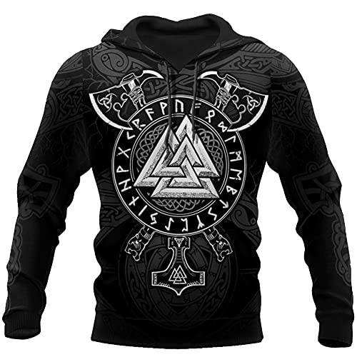 YOROOW-OUTDOOR Viking Odin Tattoo Hoodie für Herren 3D-Druck Herbst Casual Pullover Mit Großer Tasche Cosplay Jacke, US Grösse,Axe Hoodie,3XL von YOROOW-OUTDOOR