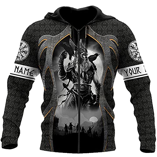 YOROOW-OUTDOOR Viking Odin Tattoo Hoodie für Herren 3D-Druck Herbst Casual Pullover Mit Großer Tasche Cosplay Jacke, US Grösse,Odin Zip Hoodie,5XL von YOROOW-OUTDOOR