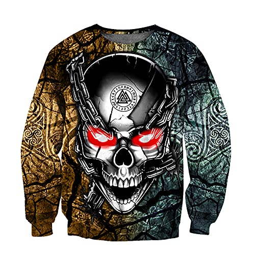 YOROOW-OUTDOOR Viking Odin Tattoo Hoodie für Herren 3D-Druck Herbst Casual Pullover Mit Großer Tasche Cosplay Jacke, US Grösse,Skull Sweatshirt,XL von YOROOW-OUTDOOR