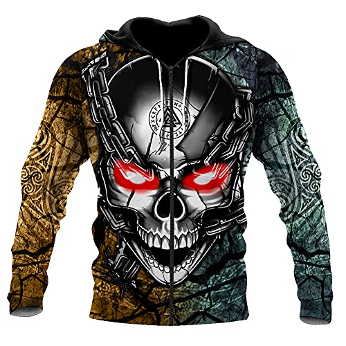 YOROOW-OUTDOOR Viking Odin Tattoo Hoodie für Herren 3D-Druck Herbst Casual Pullover Mit Großer Tasche Cosplay Jacke, US Grösse,Skull Zip Hoodie,L von YOROOW-OUTDOOR