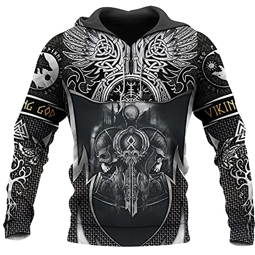 YOROOW-OUTDOOR Wikinger Krieger für Herren Tattoo Hoodie, Odin Langarm Sweatshirt Retro Print Herbst Casual Pullover Jacke Nordisches Geschenk,Hoodie,XL von YOROOW-OUTDOOR