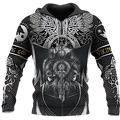 YOROOW-OUTDOOR Wikinger Krieger für Herren Tattoo Hoodie, Odin Langarm Sweatshirt Retro Print Herbst Casual Pullover Jacke Nordisches Geschenk,Zip Hoodie,M von YOROOW-OUTDOOR