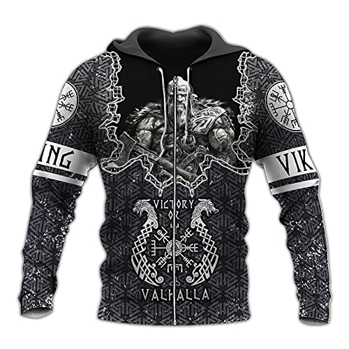 YOROOW-OUTDOOR Wikinger Odin Tattoo Langarm Sweatshirt für Herren, Nordische Mythologie Amulett Hoodie mit Print Lässige Pullover Retro Street Jacke,Zip Hoodie,L, (1221SUNY) von YOROOW-OUTDOOR