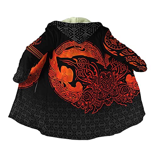 YOROOW-OUTDOOR Wikinger Tattoo Kapuzenmantel für Herren, Nordischen Mythologie Umhang aus Kaschmir Imitat Warme Winter Parka Jacke,Fenris,4XL von YOROOW-OUTDOOR