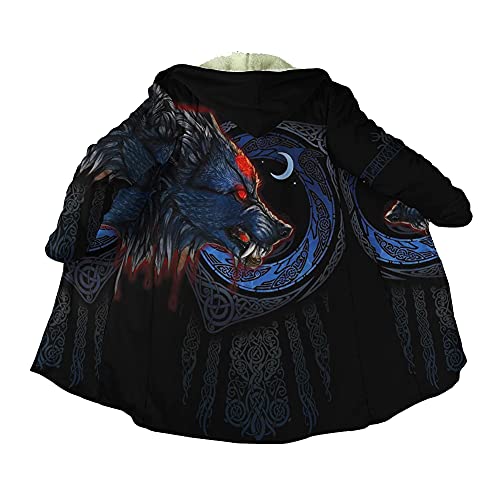 YOROOW-OUTDOOR Wikinger Tattoo Kapuzenmantel für Herren, Nordischen Mythologie Umhang aus Kaschmir Imitat Warme Winter Parka Jacke,Viking Wolf,3XL von YOROOW-OUTDOOR