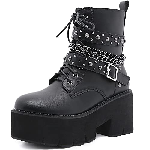 YORWOR Damen Klobige Schwarze Gothic Plateau Stiefeletten Schnüren Reißverschluss Kette Nieten Kampfstiefel 250 YORWOR Damen Klobige Schwarze Gothic Plateau Stiefeletten Schnüren Reißverschluss Kette Nieten Kampfstiefel 250 von YORWOR