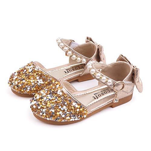 YOSICIL Baby Mädchen flache Prinzessin Schuhe Kinder Sandalen mit Schleifen Pailletten Perlen Ballerina für Verkleidung Geburtstag Partei Cosplay Weihnachten Kindergarten, Gold, 29 von YOSICIL