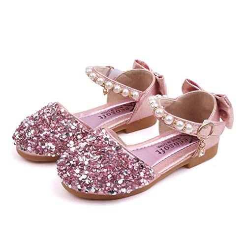 YOSICIL Baby Mädchen flache Prinzessin Schuhe Kinder Sandalen mit Schleifen Pailletten Perlen Ballerina für Verkleidung Geburtstag Partei Cosplay Weihnachten Kindergarten, Rosa, 27 von YOSICIL