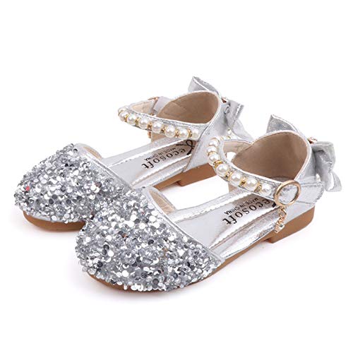 YOSICIL Baby Mädchen flache Prinzessin Schuhe Kinder Sandalen mit Schleifen Pailletten Perlen Ballerina für Verkleidung Geburtstag Partei Cosplay Weihnachten Kindergarten, Silber, 32 von YOSICIL