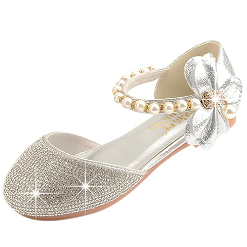 YOSICIL Ballerinas Mädchen Leder Einzelne Schuhe Tanz Party Mädchen Party Schuhe Prinzessin Elegant Flach Ballerina Perle Sandalen Hochzeit und Geburtstag,Silber,36 EU von YOSICIL