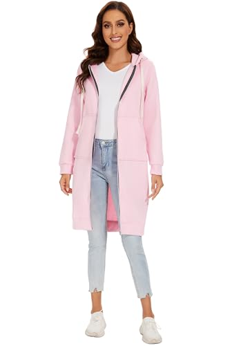 YOSICIL Damen Herbst Winter Outing Stil Frauen Warm Reißverschluss Öffnen Clubbing Dating Elegante Hoodies Sweatshirt Langen Mantel Jacke Tops Outwear Hoodie Outwear Kapuzenpullover,Rosa,4XL von YOSICIL