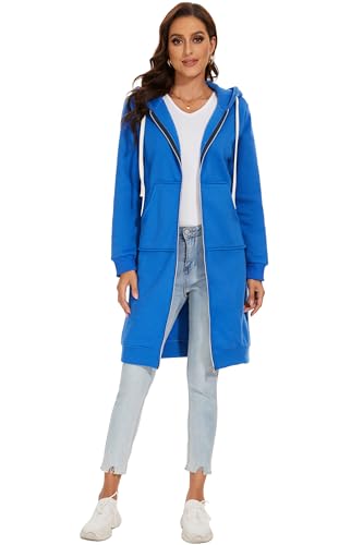 YOSICIL Damen Herbst Winter Outing Stil Frauen Warm Reißverschluss Öffnen Clubbing Dating Elegante Hoodies Sweatshirt Langen Mantel Jacke Tops Outwear Hoodie Outwear Kapuzenpullover,Blau A,3XL von YOSICIL