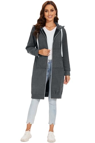 YOSICIL Damen Herbst Winter Outing Stil Frauen Warm Reißverschluss Öffnen Clubbing Dating Elegante Hoodies Sweatshirt Langen Mantel Jacke Tops Outwear Hoodie Outwear Kapuzenpullover,Dunkelgrau,L von YOSICIL