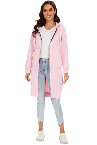 YOSICIL Damen Herbst Winter Outing Stil Frauen Warm Reißverschluss Öffnen Clubbing Dating Elegante Hoodies Sweatshirt Langen Mantel Jacke Tops Outwear Hoodie Outwear Kapuzenpullover,Rosa,M von YOSICIL