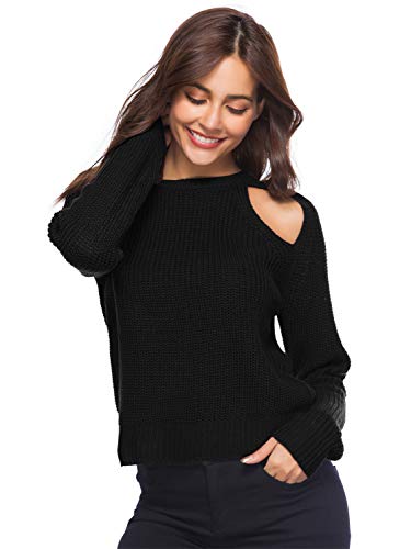 YOSICIL Damen Pulli Herbst Winter Strick Pullover Lose Schulterfrei Langarm mit Löchern Sweatshirt Langen Ärmeln Frauen Oberteile Einfarbig Tops Knitwear von YOSICIL