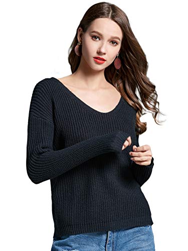 YOSICIL Damen Pulli V-Ausschnitt Herbst Winter Strick Pullover Lose Kurz Langarm Sweatshirt Langen Ärmeln Frauen Oberteile Einfarbig Tops von YOSICIL